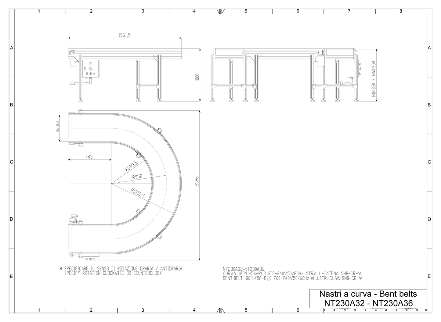 Bøyde belter for krympepakkere, teknisk tegning - Minipack-Torre - Casy.no